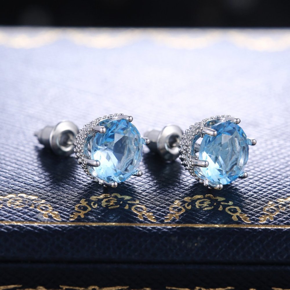 NEW 4CT Silver Round Aquamarine Stud Earrings - Picture 4 of 6